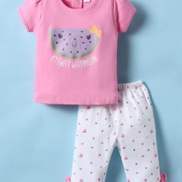 Tango Interlock Knit Half Sleeves T-Shirt & Lounge Pant Set With Text & Heart Print - Pink & White-picture-20