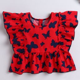 The Magic Wand Cotton Sleeveless Frill Detailed Butterfly Printed Top - Red-image-80