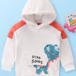 Mark & Mia Fleece Full Sleeves Hooded Raglan Sweatjacket with Dino Graphics & Flap Detailing - White-picture-34