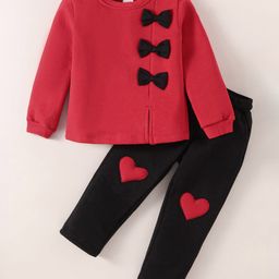 Mark & Mia Fleece Knit Full Sleeves Winter Wear T-Shirt & Lounge Pant Set With Bow Applique & Heart Patch - Red & Black-picture-17