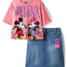 Pine Kids Disney Single Jersey Knit Oversize Drop Shoulder Half Sleeves T-Shirts & Skirt Set with Minnie Mouse Graphics - Pink & Blue-picture-29