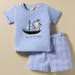 CUCUMBER Single Jersey Knit Half Sleeves Embroidered Shorts Night Suit With Nautical Theme & Checks - Light Blue-image-13