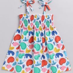 Snuggly MONKEY Single Jersey Knit Sleeveless Abstract Printed Smock Detailed Noodle Strap Dress - White-image-1