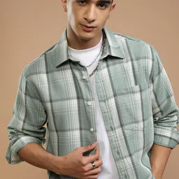 HIGHLANDER Men Spread Collar Buffalo Checked Cotton Oversized Casual Shirt-image-30