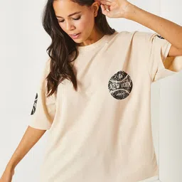 Olalook Women Typography Printed Round Neck Cotton Oversized T-shirt-image-45