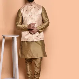 PRINTINDIA Mandarin Collar Pure Silk Straight Kurta With Trouser & Nehru jacket-image-118