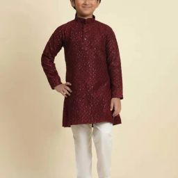 Pro-Ethic Style Developer Boys Maroon Cotton Jacquard Full Sleeves Kurta Sets-image-4