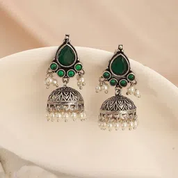Saraf RS Jewellery Rhodium Plated Zircon Studded & Pearls Beaded Oxidised Jhumkas-88