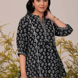 Libas Black Cotton Floral Print A Line Kurti-image-56