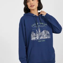 Styli Blue Cotton Printed Hoodie-image-53