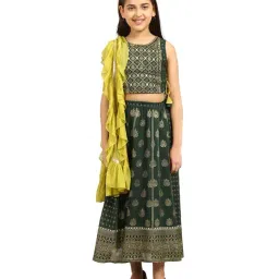 Aurelia Kids Green & Yellow Embellished Top, Skirt with Dupatta-11