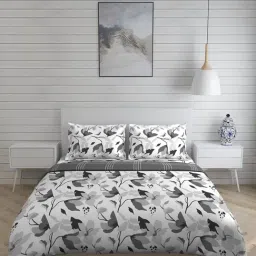 Layers Pistoia Floral Grey 144 TC Cotton King Bed Sheet with Pillow Covers & Comforter-35