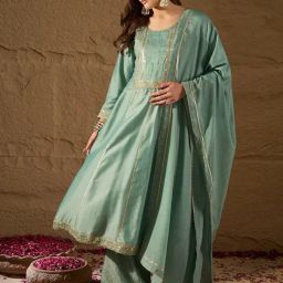 Vaamsi Sea Green Embroidered Anarkali Kurta With Palazzo & Dupatta-picture-28