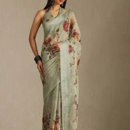 Soch Sap Green Linen Floral Saree With Stitched Blouse-picture-5