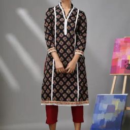 Charukriti Black Cotton Printed Straight Kurta-42