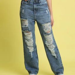Bene Kleed Blue Straight Fit High-Rise Highly Distressed Light Fade Jeans-image-1