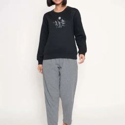 Clovia Black & Grey Regular Fit Printed Sweatshirt & Pyjama Set-image-33
