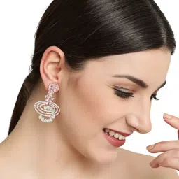 Aatmana American Diamond Crescent Shaped Green Dangler Earrings for Women image 2