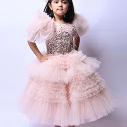 Alyaansh Couture Girls Embellished Layered Ruffles Rose Sleeves Net Fit & Flare Dress-picture-4