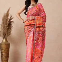 Navyasa by liva Pink Floral Saree With Unstitched Blouse-picture-19