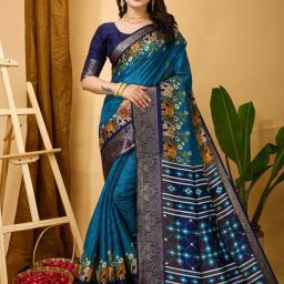 Saree Mall Blue Silk Self Saree with Blouse Piece-picture-24