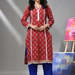 Charukriti Red Cotton Printed Straight Kurta-image-5