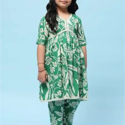 BIBA Girls Green & White Floral Print Kurta with Pants-image-96