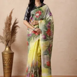 Navyasa by liva Yellow Floral Saree With Unstitched Blouse-picture-11