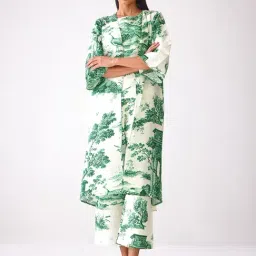 Ancestry Green Viscose Linen Print 3/4Th Sleeve Overlay-picture-39