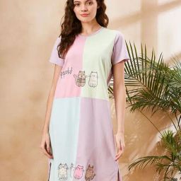 MADAME M Secret Multicolor Cotton Color-Block Night Dress-image-5
