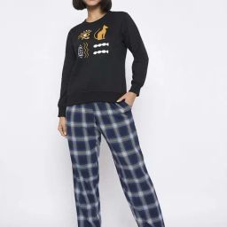 Clovia Black & Blue Regular Fit Printed Sweatshirt & Pyjama Set-image-5