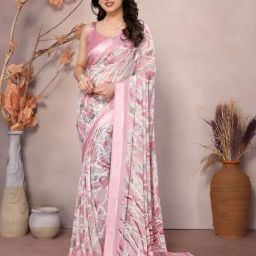 Odette Peach Satin Printed Saree With Unstitched Blouse-picture-21