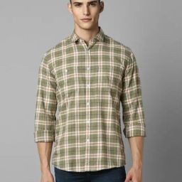 Louis Philippe Khaki Cotton Slim Fit Checks Shirt-image-7