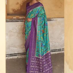 Elora Turquoise & Purple Silk Printed Saree With Unstitched Blouse-image-38