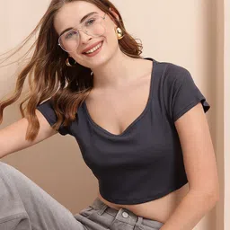 Mast & Harbour Solid Ribbed Pure Cotton Crop Top-image-60