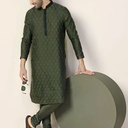 KISAH Ethnic Motifs Woven Design Thread Work Mandarin Collar Straight Kurta with Churidar-image-87