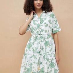 Colour Me By Melange Off White Cotton Regular Fit Floral Print Dress-image-49