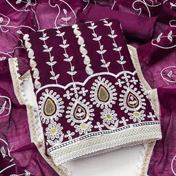 HERE&NOW Floral Embroidered Thread Work Unstitched Dress Material-image-37