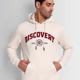 Dcyphr Light Beige Discovery Varsity 1985 Self-Design Fullength Sleeves Regular Fit Hoodie-image-12