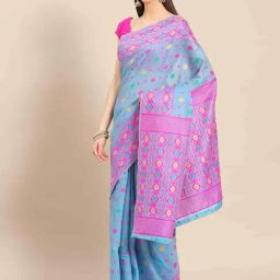 Silk Land Blue & Pink Cotton Woven Saree With Unstitched Blouse-image-80