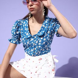 Mast & Harbour Stylish Blue Floral Zoom Friendly Collar Top-image-18
