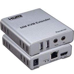 60M USB KVM HDMI Extender, with 1080P R/L Audio by CAT5E Cat6 RJ45 Ethernet Cable Transmitter Receiver Audio Video Converter PC Laptop to TV Monitor(PACK OF1) image 1