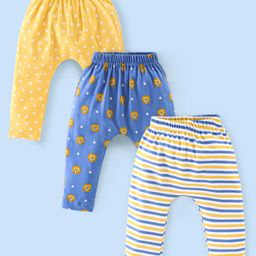 Babyhug Cotton Full Length Diaper Pants Stripes & Lion Print Pack of 3 - Blue & Yellow-85