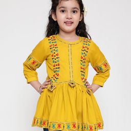 ISHTI Three Fourth Sleeves Mirror Work & Floral Embroidered Detailed Top - Yellow-image-78