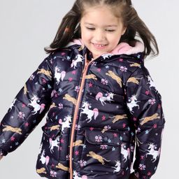 Babyhug Woven Full Sleeves Hooded Jacket with Unicorn Print - Blue-image-25
