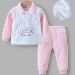Kookie Kids Full Sleeves Winter Wear T-Shirt & Lounge Pant Set with Bear Patch - Pink-image-30