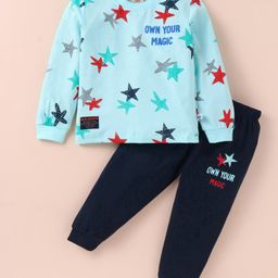 Mini Donuts Cotton Knit Full Sleeves T-Shirt & Lounge Pants Set With Star Print - Aqua-image-31