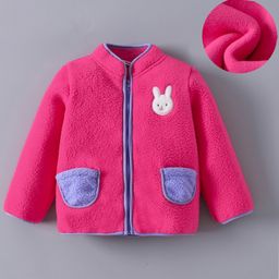 Kookie Kids Full Sleeves High Neck Collared Winter Fur Jacket with Bunny Applique - Dark Pink-image-91