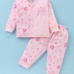 Pink Rabbit Single Jersey Knit Full Sleeves Night Suit With Teddy Print - Light Pink-image-82