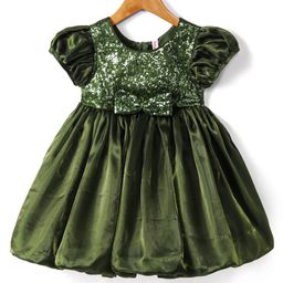 Babyhug Woven Half Sleeves Party Dress With Sequinned Yoke & Bow Applique - Dark Green-image-95
